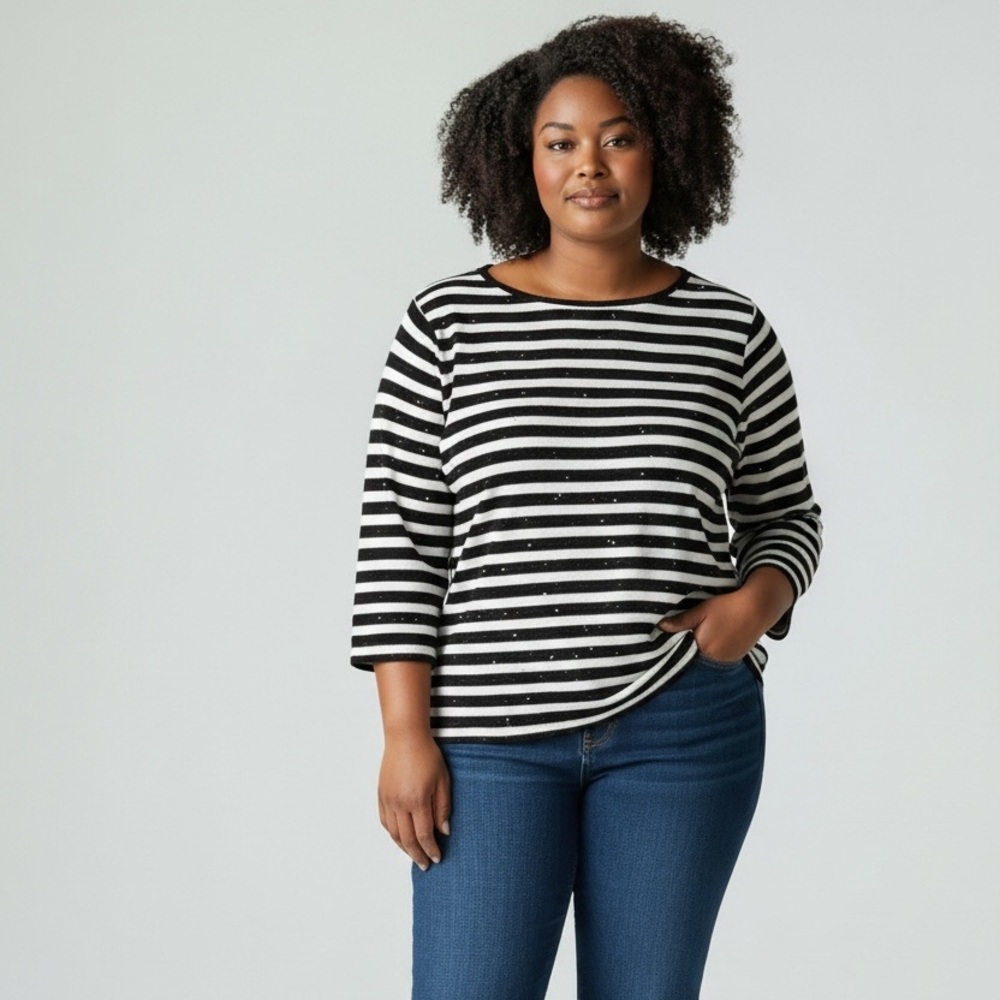 NWT New Talbots Stripe Sequin 3/4 Sleeve Sweater Top Size 2X